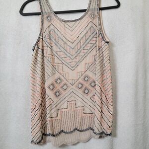 Willow & Clay Womens Pink Blue Beaded Sheer Tank Artsy Festival Boho Cottagecore